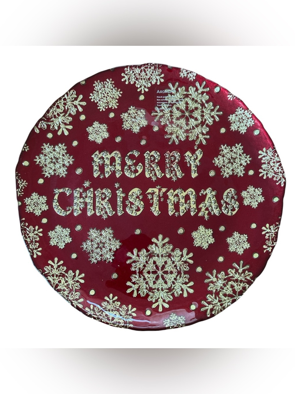 ARDACAM Merry Christmas Red & Gold Decorative Holiday Glass Plate/Platter